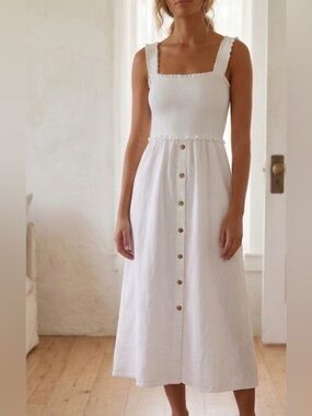 Blu Pepper White Smocked Button-Down Midi Dress Boho Coastal Chic